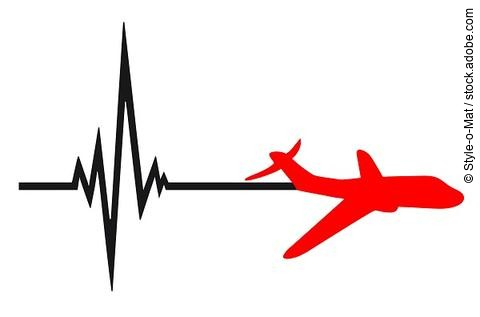 Symbolbild Herznotfall, EKG-Kurve und Flugzeug